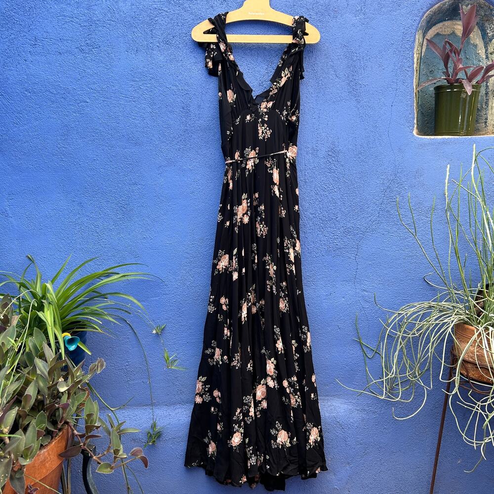 reformation black floral clarice peppermint sleeveless wrap maxi dress gown - Picture 10 of 10